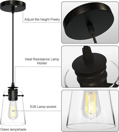Pendant Lights Kitchen Island, Modern Industrial Pendant Light Fixtures with Glass Shade, E26 Socket Adjustable Cord for Dining Room, Bedroom, Living Room, Farmhouse Pendant Lighting 1Pcs