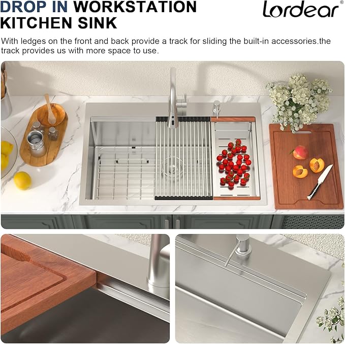 Lordear 33x22 Inch Drop In Kitchen Sink With Faucet - 33 Kitchen Sink With Faucet Combo Workstation 16 Gauge Stainless Steel Single Bowl Topmount Basin with All Accessories, 33x22x10 Inch