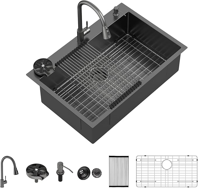 Mocoloo 33x22 Drop In Kitchen Sinks with Faucet 33 Inch Black Drop In Kitchen Sink 16 Gauge Stainless Steel Single Bowl Topmount Outdoor Sinks with Pull-out Faucet, Cup Washer and Soap Dispenser