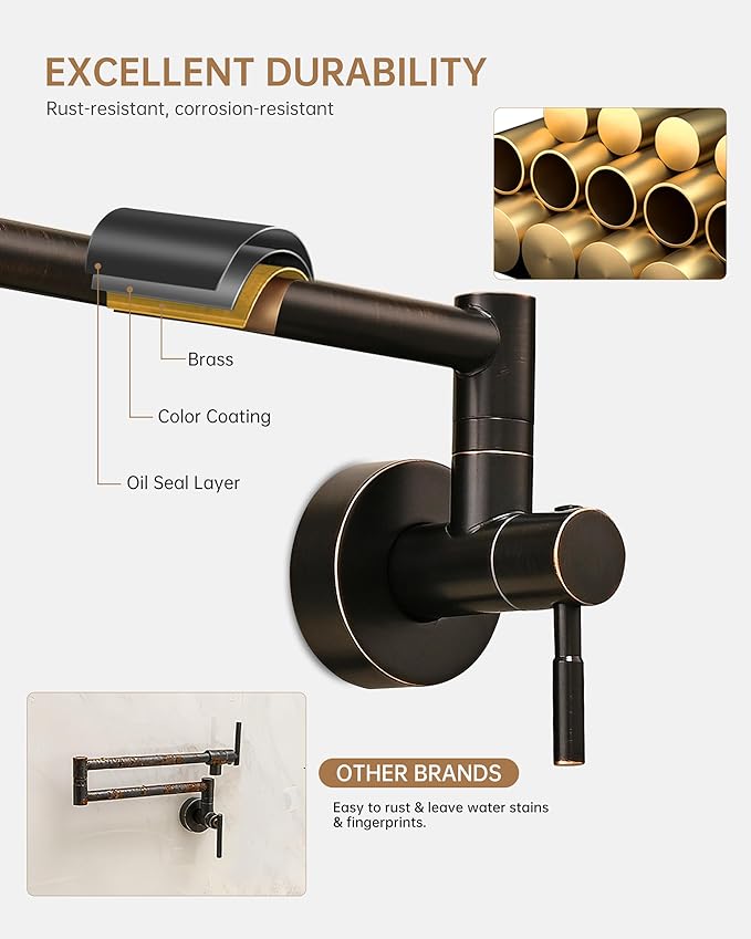 Fransiton Pot Filler, Oil-Rubbed Bronze Pot Filler Faucet Wall Mount, Brass Folding Stretchable with Double Joint Swing Arm Single Hole Two Handles Over Stove Kitchen Restaurant