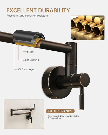 Fransiton Pot Filler, Oil-Rubbed Bronze Pot Filler Faucet Wall Mount, Brass Folding Stretchable with Double Joint Swing Arm Single Hole Two Handles Over Stove Kitchen Restaurant