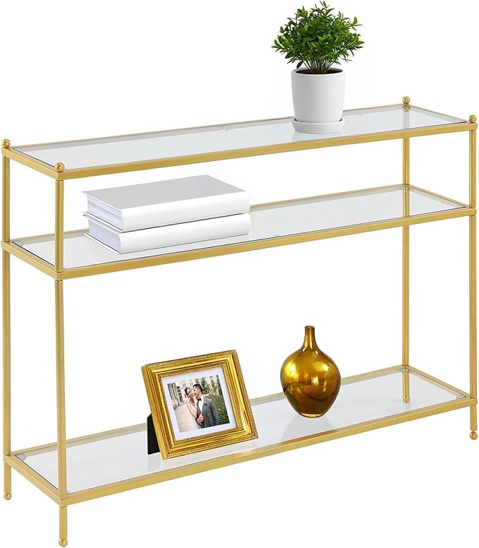 Convenience Concepts Royal Crest Glass Console Hall Table 42" - 3 Tier Modern, Contemporary Narrow Display Accent with Storage Shelves for Living Room, Entryway, Hallway, & Bedroom, Gold