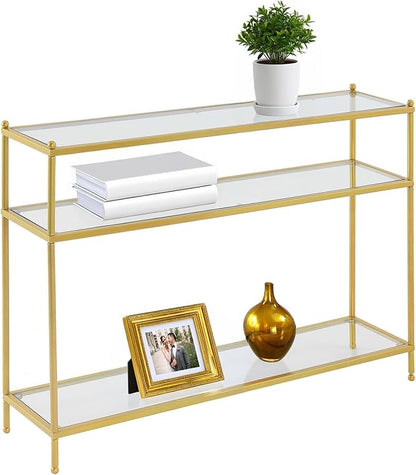 Convenience Concepts Royal Crest Glass Console Hall Table 42" - 3 Tier Modern, Contemporary Narrow Display Accent with Storage Shelves for Living Room, Entryway, Hallway, & Bedroom, Gold