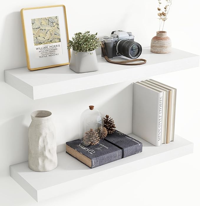 30 Inch Floating Shelves for Wall, 8 Inch Deep Floating Shelf for Storage & Display, Rustic Wall Mounted Shelf with Invisible Brackets for Living Room, Kitchen, Bathroom, Home Decor, Set of 2, White