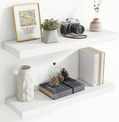 30 Inch Floating Shelves for Wall, 8 Inch Deep Floating Shelf for Storage & Display, Rustic Wall Mounted Shelf with Invisible Brackets for Living Room, Kitchen, Bathroom, Home Decor, Set of 2, White