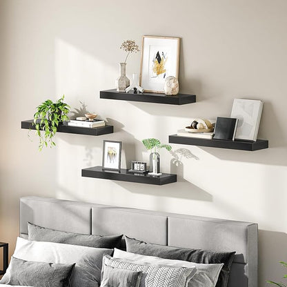 HOOBRO Floating Shelves for Wall, Wall Mounted Shelf Set of 2, 23.6" Hanging Shelf with Invisible Brackets, for Wall in Bathroom, Bedroom, Toilet, Kitchen, Living Room, Office, Black BK60BJ01
