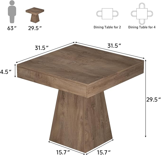 Square Dining Table, 31.5-inch Dinner Table for 2-4 People, Kitchen Table with Load-Bearing Trapezoidal Base, for Home, Dining Room, Small Space, Brown
