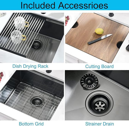 Black Small Kitchen Sink, 21 x 18 Inch Black Stainless Steel Sink Undermount Workstation Wet Bar Prep Kitchen Single Bowl Basin