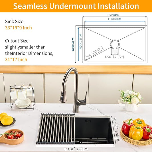 33 Inchs Undermount Kitchen Sink,33 x 19 x 9 Inch Black-Grey Single Bowl Sinks,16 Gauge Stainless Steel Nano Black Sinks with Accessories for Workstation, Prep Kitchen, Bar Sink Drop-in