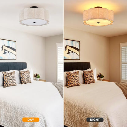 Semi Flush Mount Ceiling Light, Beige Linen Fabric Shade Ceiling Light, Black Modern Farmhouse Close to Ceiling Light for Bedroom, Hallway, Living Room, Dining Room, Laundry Room