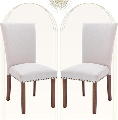 COLAMY Upholstered Dining Chairs Set of 2, Parsons Style Side Chairs with Nailhead Trim and Solid Wood Legs, Comfortable Linen Fabric for Kitchen & Dining Room – Beige