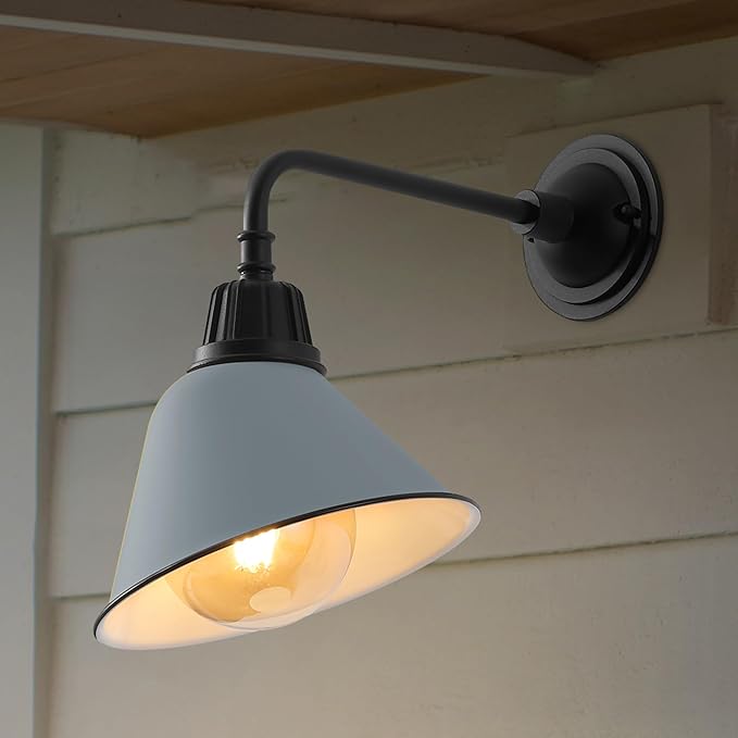 JONATHAN Y 9.63" Matte Silver Blue/Black Farmhouse Outdoor Sconce, Industrial LED Wall Light, Gooseneck Arm Barn Lamp with Metal Bell Shade for Porch, Patio, Kitchen, LED Bulb Included (JYL7612K)