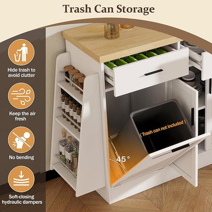 58 inch Large Kitchen Island with Trash Can Storage Cabinet, Multi-Functional Storage Sideboard with Sliding Door Cabinet & 3-Tier Spice Rack, Island Table for Kitchen, Dining Room (White)