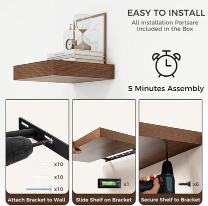Venusmiles Square Floating Shelves for Wall, 12" W x 12" D x 2" H, 2 Pack, Small Wall Mounted Engineered Wood Shelves with Invisible Brackets for Living Room, Bedroom, Bathroom, Kitchen Decor, Walnut