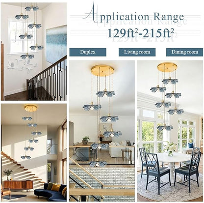 Foyer Chandelier for High Ceilings long Blue Floral pendant light Mid Century Glass Hanging Ceiling light Brushed Gold Flush Mount Ceiling Chandeliers for Staircase Entryway Living, Adjustable Height