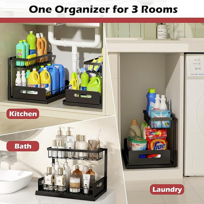 REALINN Under Sink Organizer, Pull Out Cabinet Storage 2 Tier Slide Out Sink Shelf, Kitchen Organizers and Storage, Black, 1 Pack