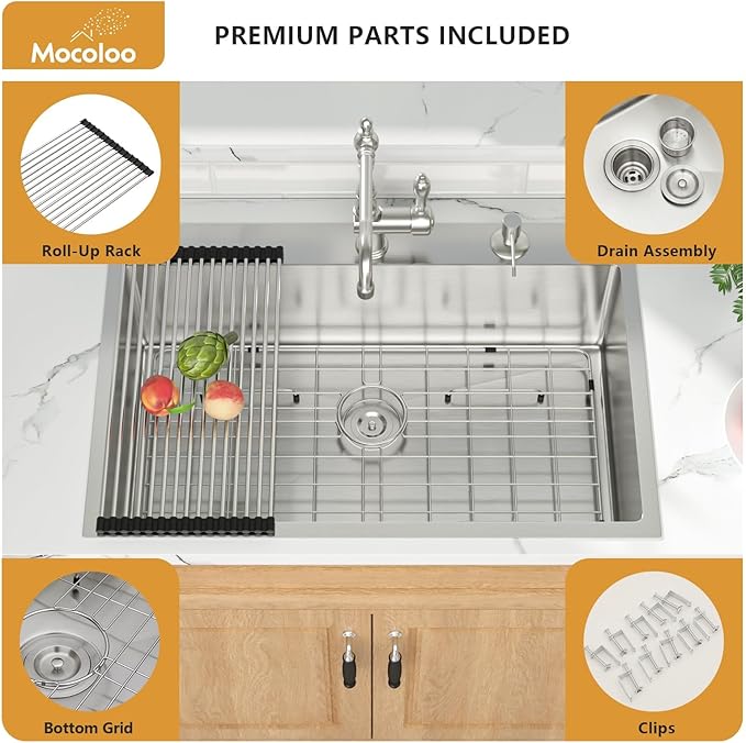 Mocoloo 30 x 22 Kitchen Sink Drop in - 30 Inch Stainless Steel Kitchen Sinks Topmount 16 Gauge Single Bowl Above Counter Handmade Sink, 10'' Deep Basin