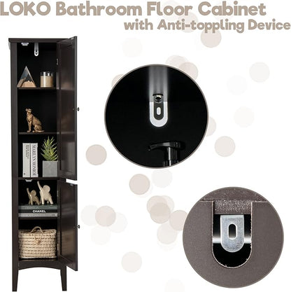 LOKO Tall Bathroom Floor Cabinet, Multifunctional Storage Cabinet with Doors, Narrow Slim Linen Tower for Bathroom, Living Room or Kitchen, 14.5 x 14.5 x 63 inches (Espresso)