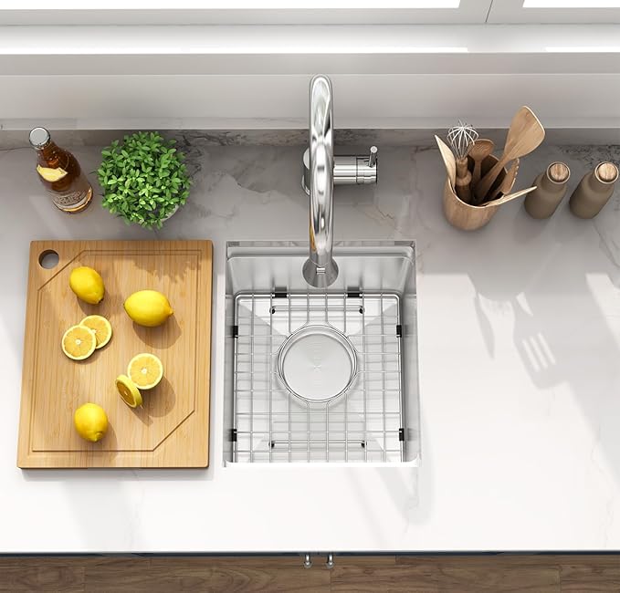LQS 13 Inch Undermount Bar Sink, Stainless Steel RV Kitchen Sink, 10" Depth Small RV Kitchen Sink, 16 Gauage Stainless Steel Material, Workstation Ledge With Cutting Board and Abundant Accessories