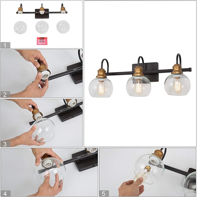 LALUZ Bathroom Light Fixtures, Vanity Lights with Oil Rubbed Bronze Finish, Antique Gold Socket, Clear Glass Shade, 22.5’’ L x 7’’ W x 9’’ H