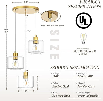 Brushed Gold Dining Room Chandelier Light Fixture, 3-Light Pendant Lighting with Clear Glass, Modern Kitchen Island Cluster Hanging Pendant Lights for Kitchen Dining Room, OS-YQ8153-3BGC