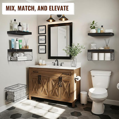 4 Pack Wall Mounted Rustic Wood Floating Shelves with 2 iron Hanging Baskets, Bathroom Shelves Over Toilet, Toilet Paper Storage, Farmhouse Decor Hanging Shelf for Living Room, Kitchen, 16 inch, Black