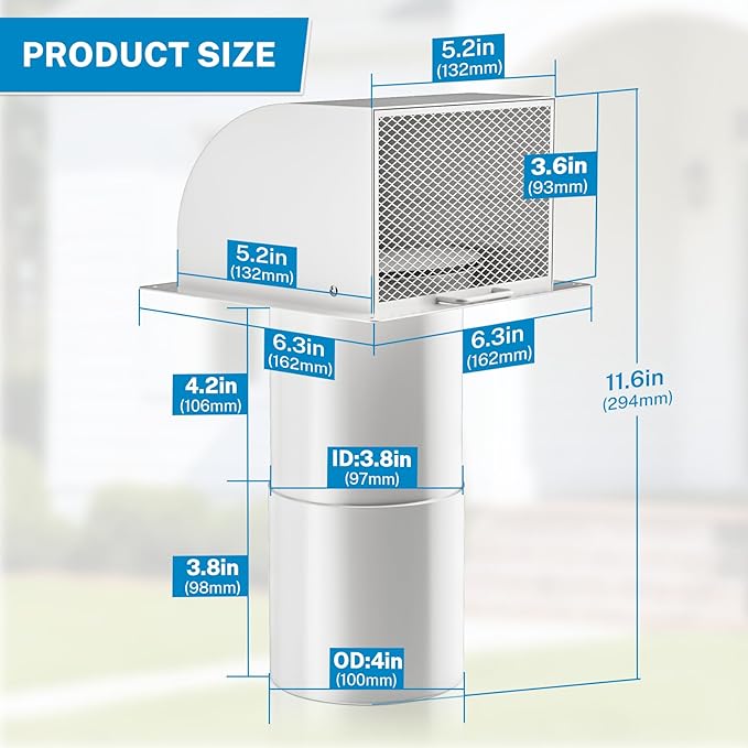 [Upgraded] Hon&Guan 4 Inch Hooded Wall Vent with Magnetic Flap and Removable Mesh, Dryer Vent Cover Outside Arc-Shaped 4'' Exhaust Vent for Dryer/Bathroom/Kitchen Range Hood(Galvanized Steel, White)