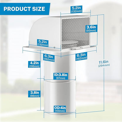 [Upgraded] Hon&Guan 4 Inch Hooded Wall Vent with Magnetic Flap and Removable Mesh, Dryer Vent Cover Outside Arc-Shaped 4'' Exhaust Vent for Dryer/Bathroom/Kitchen Range Hood(Galvanized Steel, White)