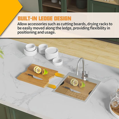 Kitchen Sink Workstation,18x18 In Stainless Steel Drop In Single Bowl Bar Sink Built-in Ledge Small Topmount Workstation Sink With Accessory-SS Grid Cutting Board,Silicon Mat,Drain Assembly