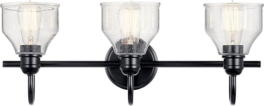 Kichler Avery 24" 3-Light Bathroom Vanity Light Fixture with Clear Seeded Glass in Black for Modern Industrial Farmhouse Style, Wall Mount Over Mirror (24" x 9.5" x 8.25"), 45973BK