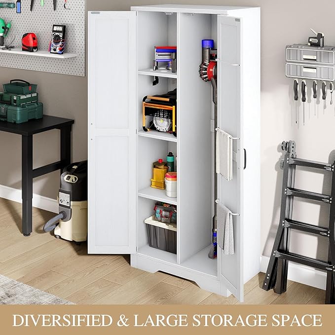 DWVO Wooden Storage Cabinet, Vacuum Cleaner Storage Compatible with Dyson Models, Utility Stand for Brooms and Mops, Cleaning Tool Cabinet with Doors for Garage, Office, Home