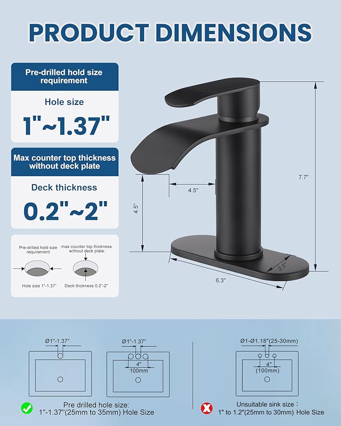 WOWOW Waterfall Bathroom Faucet Matte Black: Bathroom Sink Faucet for 1 Hole or 3 Holes, Single Handle Vanity Faucet with Pop up Drain, Stainless Steel Basin Sink Tap for RV Lavatory