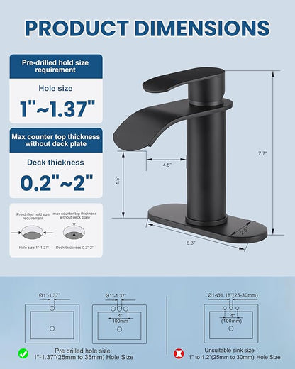 WOWOW Waterfall Bathroom Faucet Matte Black: Bathroom Sink Faucet for 1 Hole or 3 Holes, Single Handle Vanity Faucet with Pop up Drain, Stainless Steel Basin Sink Tap for RV Lavatory