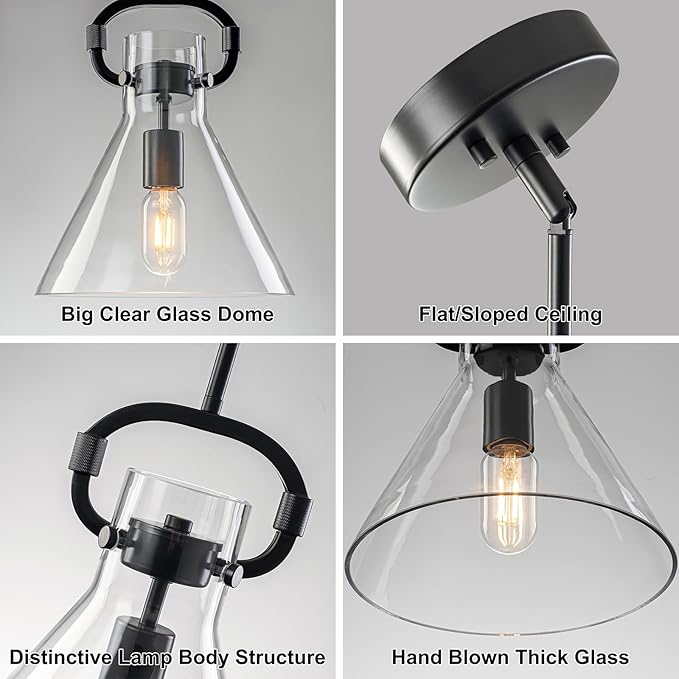 GoYeel Black Glass Pendant Light 9.8", Farmhouse Hanging Lighting 1 Light Kitchen Island Light Fixtures with Funnel Glass Shade for Kitchen Over Dining Table, E26 Base,Adjustable Height,Dimmable