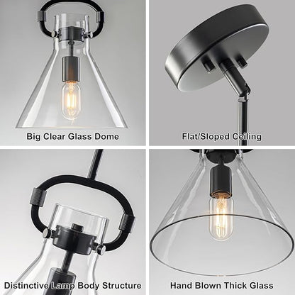 GoYeel Black Glass Pendant Light 9.8", Farmhouse Hanging Lighting 1 Light Kitchen Island Light Fixtures with Funnel Glass Shade for Kitchen Over Dining Table, E26 Base,Adjustable Height,Dimmable