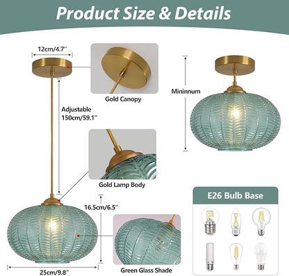KCO Lighting Green Glass Chandelier Vintage Gold Pendant Light Large Green Ribbed Ceiling Light Antique Brass Hanging Light Mid Century Modern Pendant Lights Kitchen Island