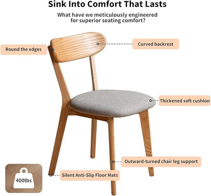 Solid Oak Side Chair Set of 4, Mid Century Modern Wood Curved Back with Padded Seat, 400 lbs Heavy Duty, Natural Wood Armless Dining Chairs for Breakfast Nook, Kitchen, or Apartment Use