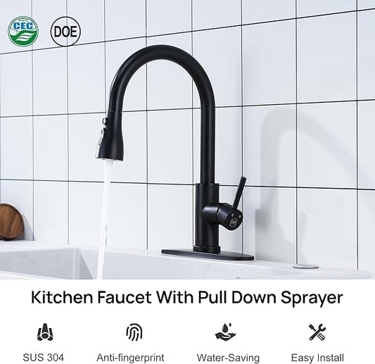 GAGALIFE Matte Black Kitchen Faucets with Pull Down Sprayer - High Pressure Blade Spray Kitchen Sink Faucet, High Arc Single Handle Stainless Steel Classic Pull Out Spray Kitchen Faucet 1 or 3 Hole