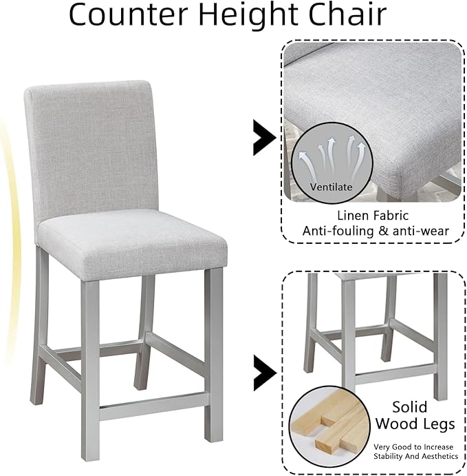 Dining Table Set for 4, 5-Piece Dining Room Table Set with Square Crystal Decoration Table & 4 Upholstered Backrest Chairs, Counter Height Kitchen Sets with Wood Grain & Footrest, Silver Gray