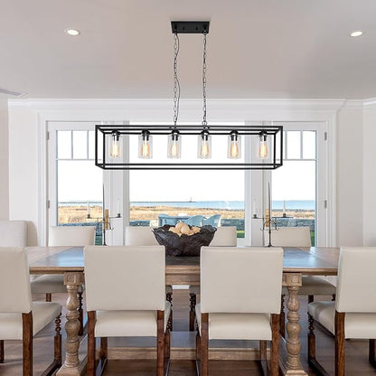 6-Light Black Kitchen Island Lighting with Clear Glass Shade, Modern Farmhouse Dining Room Light Fixtures Over Table, Island Lights for Kitchen, Dining Room, Bar, Foyer