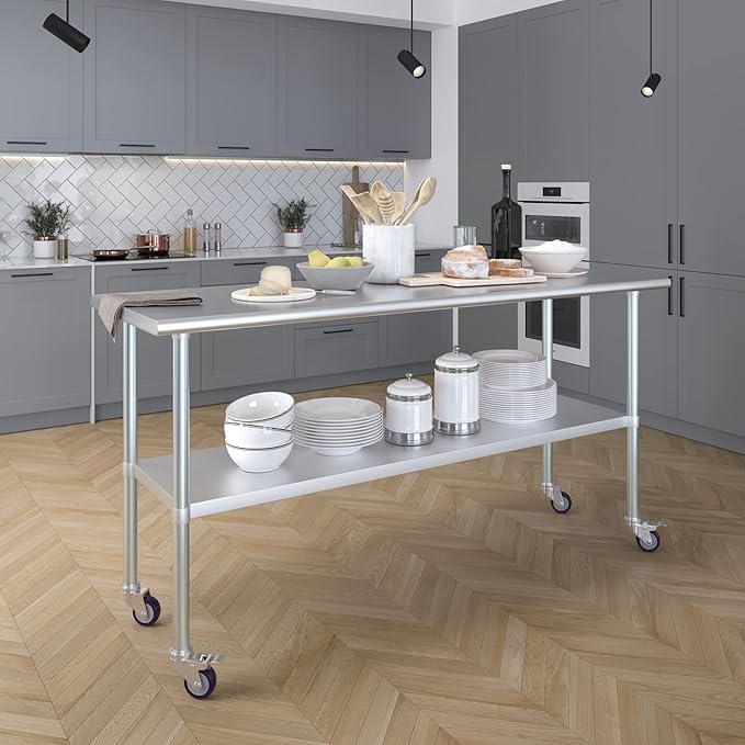 Stainless Steel Work Table with Wheels | NSF Kitchen Island Food Prep | Laundry Garage Utility Bench (Table + Wheels, 72" Long x 24" Deep)