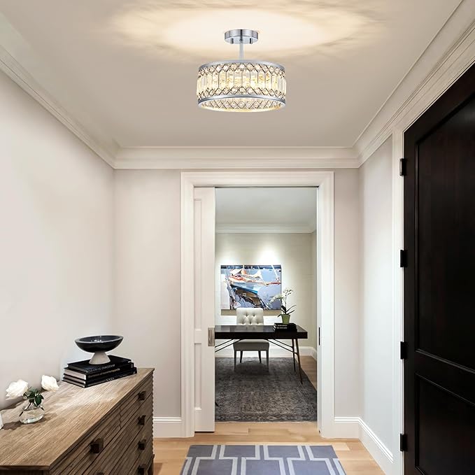 Pevfah Crystal Chrome Ceiling Light, Modern Semi Flush Mount Ceiling Lighting Fixture, Round Hallway Lighting Fixtures Chandelier for Kitchen Entryway Bedroom Dining Room, 3-Light, 12.2 Inch