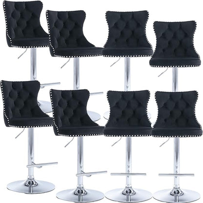 Rhomtree Velvet Swivel Bar Stools Upholstered Bar Stool with Button Tufted Back and Pull Ring Height Adjustable Barstools 25-33 Inch for Home Pub and Kitchen Island (Black with Silver Base, Set of 8)