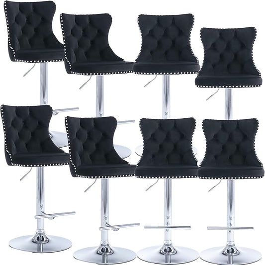 Rhomtree Velvet Swivel Bar Stools Upholstered Bar Stool with Button Tufted Back and Pull Ring Height Adjustable Barstools 25-33 Inch for Home Pub and Kitchen Island (Black with Silver Base, Set of 8)