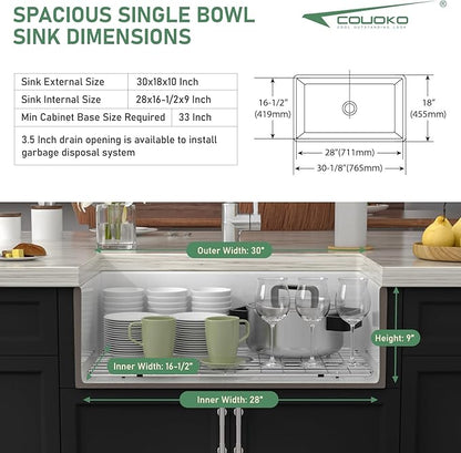 White Farmhouse Sink 30 Inch Fireclay Reversible Apron Front Farm Sink 30"x18"x10" Glossy White Porcelain Farms House Style Single Bowl Farmhoues kitchen Sinks with Luxury Accessories