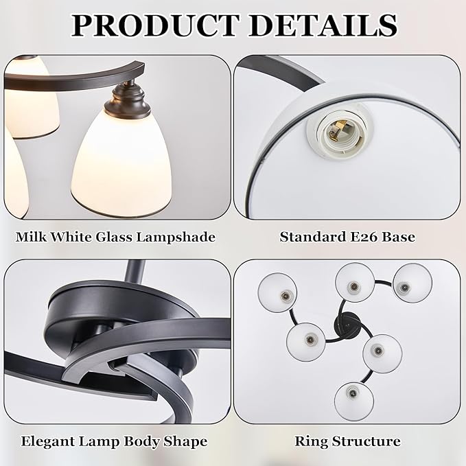 6-Light Modern Chandelier Light Fixture for Dinner Room, Matte Black Hanging Lamp with Frosted Milk White Glass Lampshade, Adjustable Height Pendant Ceiling Light for Island Entryway Office Bedroom