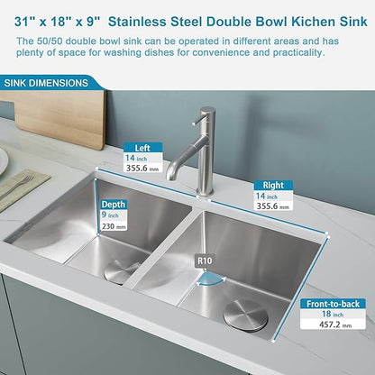 Kitsitchen 31 Inch Double Bowl Undermount Kitchen Sink,16 Gauge T-304S Stainless Steel Kitchen Sink with Drain Strainers & Grids,31" x 18" x 9" Large and Deep Kitchen Sinks,50/50 Design