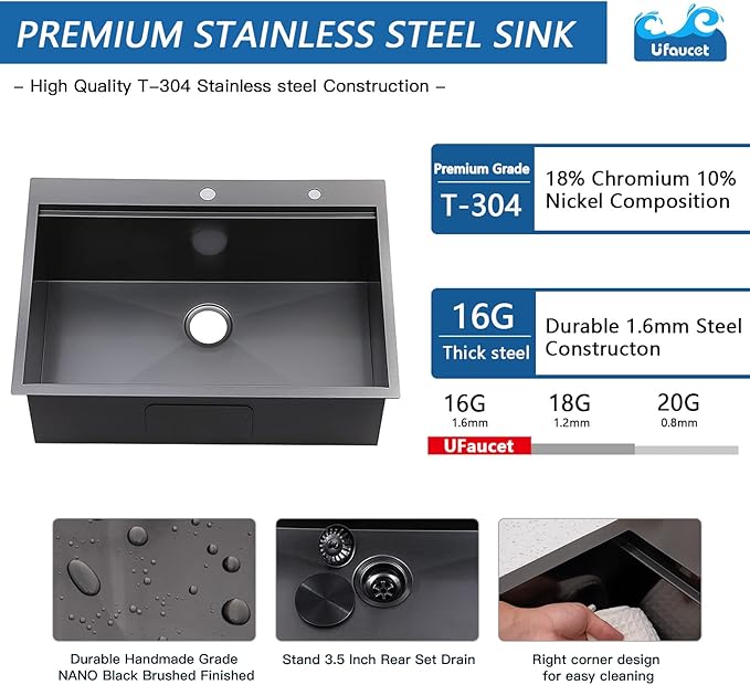 33x22 Drop In Kitchen Sinks Black, Gunmetal Black Stainless Steel Workstation 16Guage Topmount Single Bowl 9 Inch Deep Sink for Kitchen with Integrated Accessories and Features