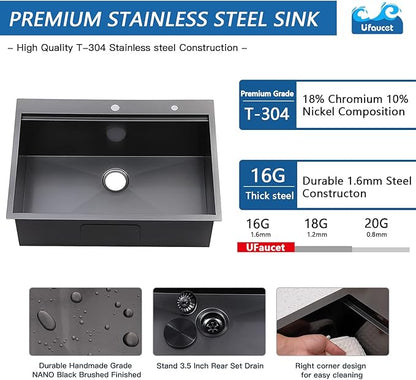 33x22 Drop In Kitchen Sinks Black, Gunmetal Black Stainless Steel Workstation 16Guage Topmount Single Bowl 9 Inch Deep Sink for Kitchen with Integrated Accessories and Features
