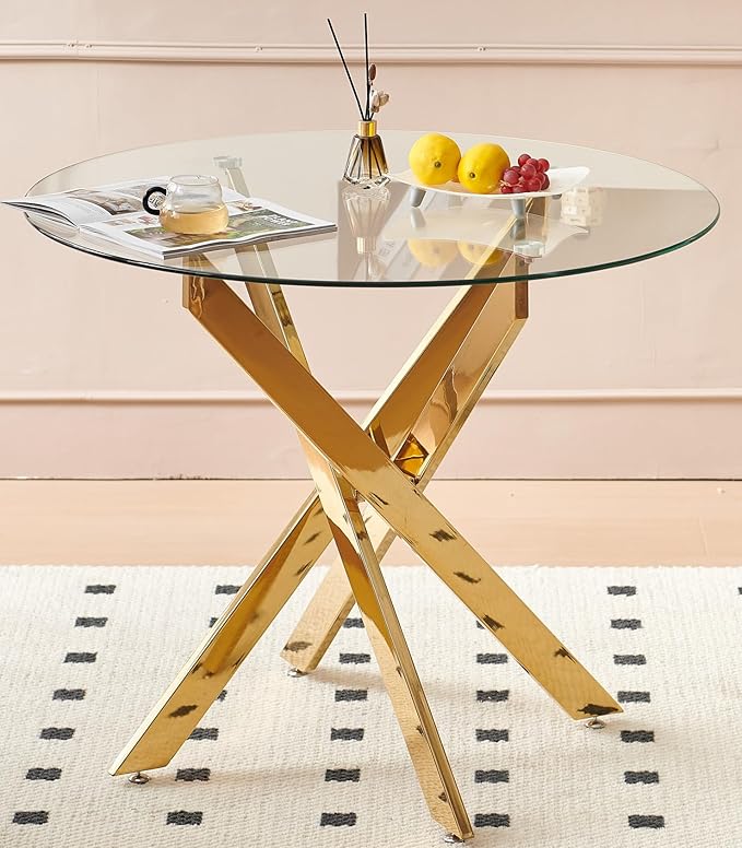 SSLine 35.4" Round Glass Dining Table for 2-4 Modern Circle Glass Tabletop Kitchen Table for 4 Luxury Dinner Tables with Gold Metal Legs for Home Kitchen Dining Room(Table Only)